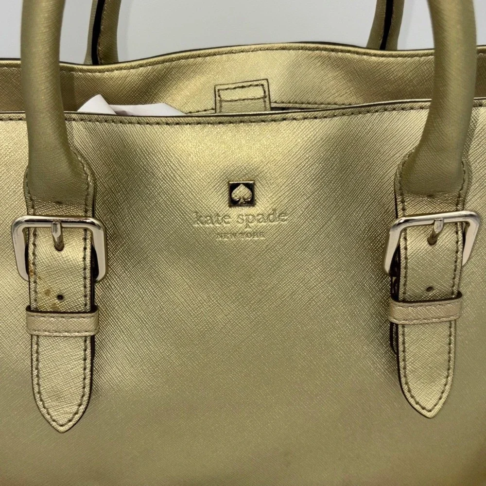 KATE SPADE NEW YORK Gold Satchel Crossbody Handbag Bag Saffiano Leather Metallic